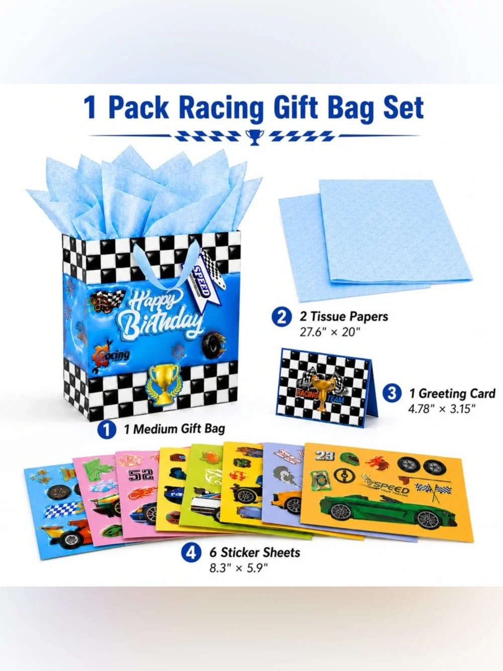 Happy Birthday Racing Gift Bag with Blue Tissue